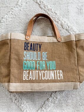 beautycounter Brown Jute Tote with Blue and Teal Lettering